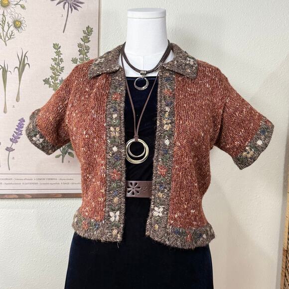 Floral Embroidered Collared Cardigan Sweater Fairy Grunge Forest Cottage M L - Picture 3 of 6